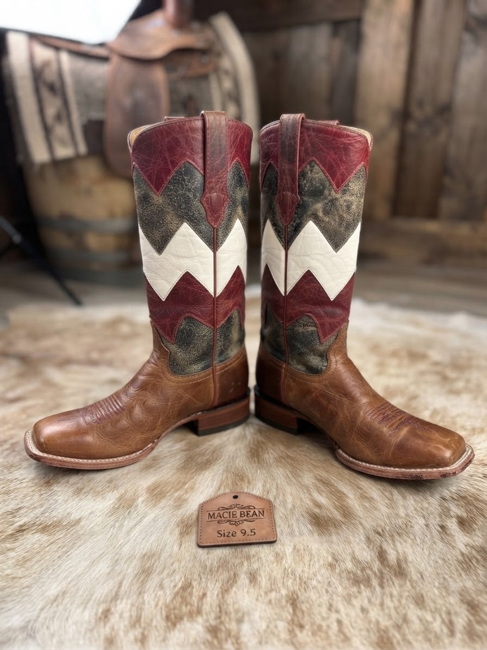 $299 Macie Bean Red White & Brown Leather Western Square Toe Cowgirl Boots 9.5